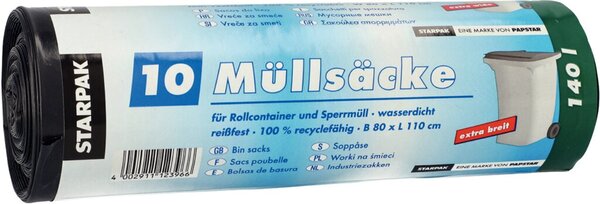 Abfallsäcke, 140 Liter, 40 my, schwarz, LDPE-Folie (recycled), 800 x 1100 mm, 1 Rolle à 10 Säcke