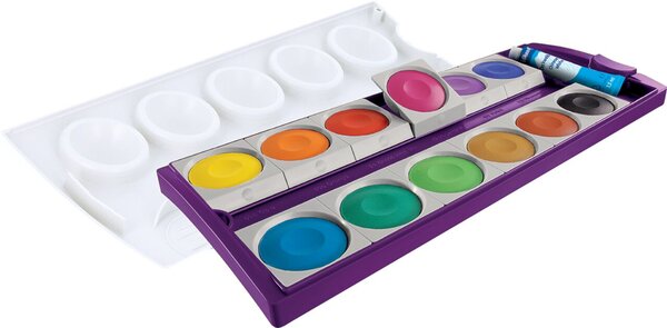 Deckfarbkasten K12, 12 Farben, Deckweiß, Mischtöpfe im abnehmbaren Deckel, violett