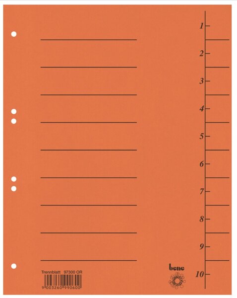 Trennblätter, DIN A4, Recycling-Karton 250g/qm, Universallochung, liniert, 100 Stück, orange