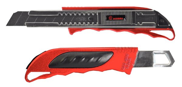 Cutter Premium, 18 mm Klinge, Schieberaster mit 4-Punkt-Arretierung, Metallgehäuse, rutschhemmender Griff, inklusiv 2 Ersatzklingen, rot