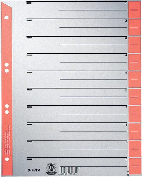 Trennblätter, DIN A4 Überbreite, rot, Liniendruck, Lochung hinterklebt, Kraftkarton 230g/qm, 100 Stück, 240 x 300 mm