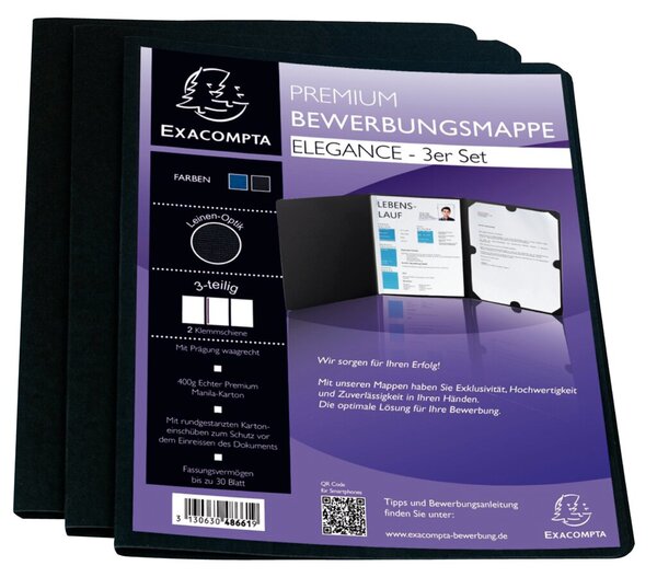 Bewerbungsmappe ELEGANCE, 3-teiliges Set, 400g/qm-Karton, Prägung, 1 Beutel mit 3 Mappen, schwarz