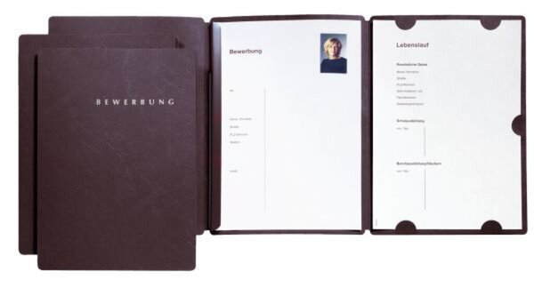 Bewerbungsmappe "Select", mit Klemmschiene, Schriftzug "Bewerbung" in silbernen Lettern auf dem Vorderdeckel, schwarz