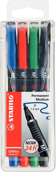 Folienstift OHPen universal, Strichstärke M - 1 mm, permanent/wasserfest, nachfüllbar, 4er Etui, sortiert, schwarz, blau, rot, grün