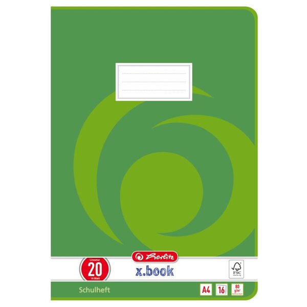Schulheft, DIN A4, Lineatur 20, 16 Blatt, 80g/qm, blanko, Motiv Wirbel grün