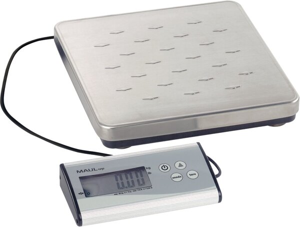 Paketwaage MAULcargo, silber, Tragkraft 50kg, Batteriebetrieb/Netzteil, separates Bedienpult, Wiegefläche 27,3 x 27,3 cm, 4,8 x 27,3 x 27,3 cm