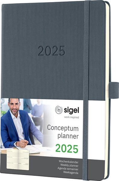 Wochenkalender CONCEPTUM® 2025, DIN A5, 1 Woche/2 Seiten, 192Seiten, Gummibandverschluss, Stiftschlaufe, Hardcover, dark grey
