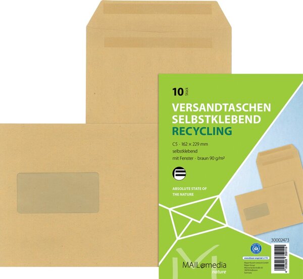 Versandtasche DIN C5, mit Fenster, selbstklebend, natronbraun, 90g/qm, 10 Stück