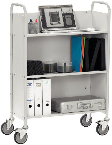 Bürowagen mit geneigten Böden, Ladefläche 770 x 320 mm, 3 geneigte Böden, Tragkraft 150kg, Gesamtmaße: 855 x 400 x 1218 mm, Tragkraft pro Etage: 50kg, grau