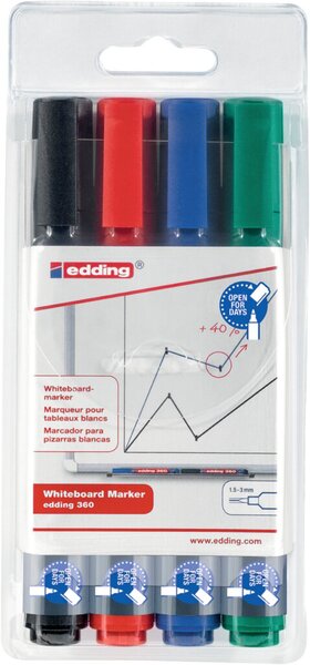 Whiteboardmarker 360, Rundspitze, Strichstärke 1,5 - 3 mm, non-permanent/trocken abwischbar, nachfüllbar, sortiert, 4er Etui, schwarz, blau, rot, grün