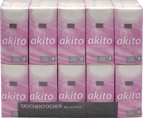 Taschentücher akito®, 4-lagig, 100% Zellstoff, hochweiß, 21 x 21 cm, Packung à 30 Päckchen x 10 Tücher