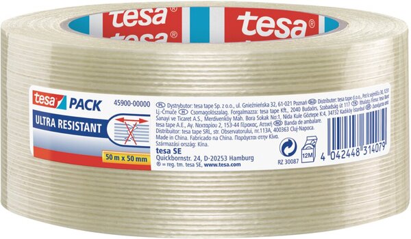 Packband tesapack® Ultra Resistant, 50 mm x 50 m, transparent, besonders reißfest, basierent auf Glasfilamenten