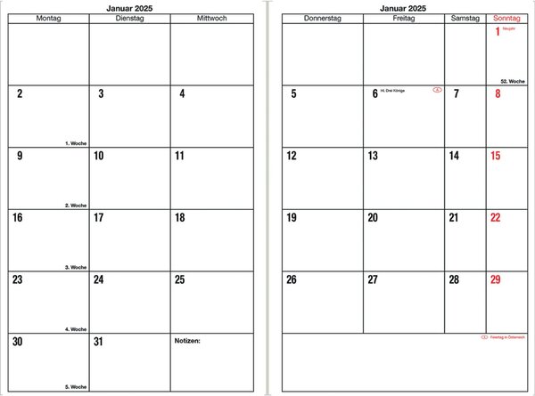 Monats-Taschenkalender, 1 Monat/2 Seiten, 15 x 21 cm, schwarz, Softcover-Einband