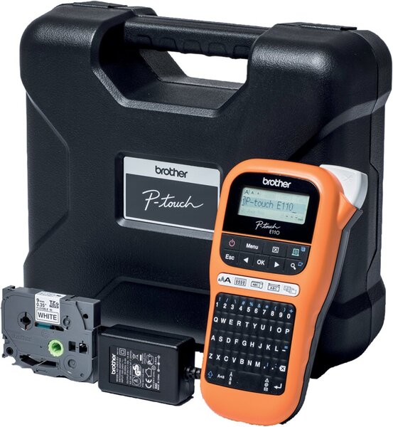 Beschriftungsgerät P-Touch E110, im Transportkoffer inkl. Netzadapter und Schriftbandkassette, orange/schwarz