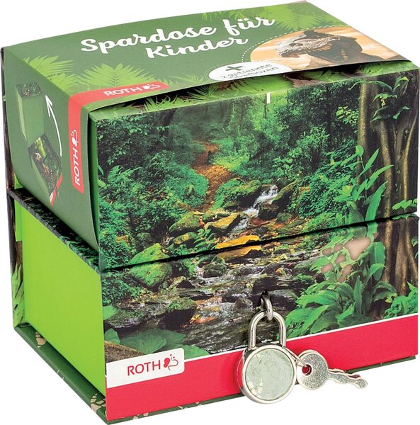 Spardose, Pappe, 2 getrennte Boxen, Tyrannosaurus, grün
