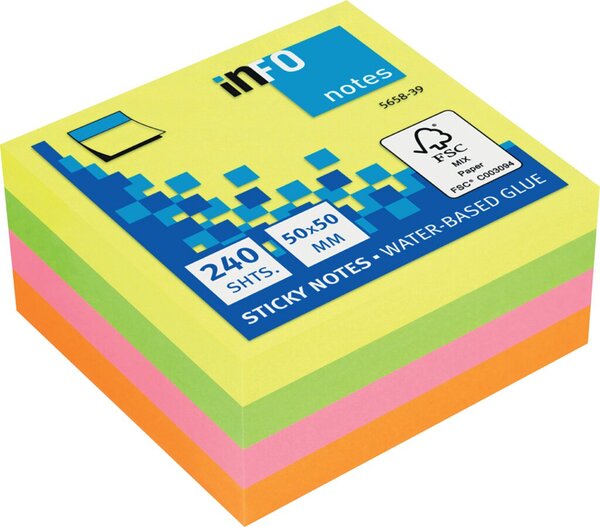Haftnotiz-Würfel, 50 x 50 mm, gelb, pink, grün, orange, 240 Blatt