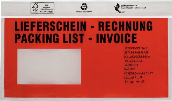 UNIPACK Begleitpapiertasche, DIN Lang, mit Druck, Lieferschein/Rechnung, Oberfolie: LDPE 40 my, 250 Stück