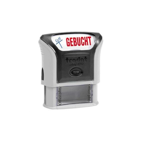 Stempel Printy, Motiv/Text: GEBUCHT, Abdruck: blau/rot, 47 x 18 mm