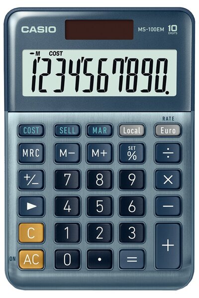 Tischrechner MS-100 EM, 10-stelliges Display, Euro-Umrechnung, Solar- und Batteriebetrieb, blau
