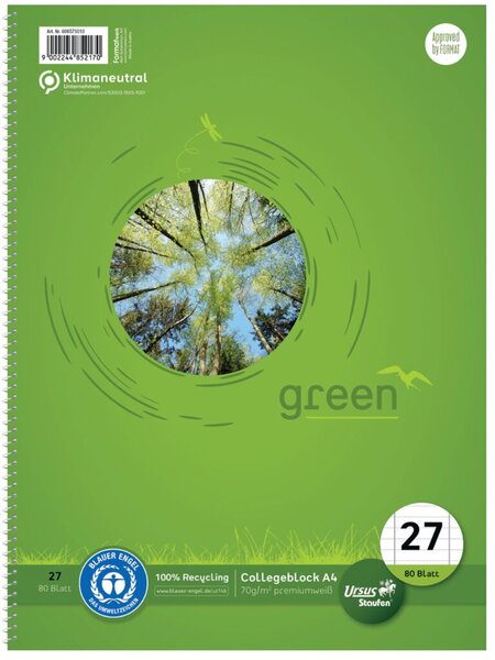Green Collegeblock, DIN A4, liniert, 80 Blatt, 70g/qm, Lineatur 27