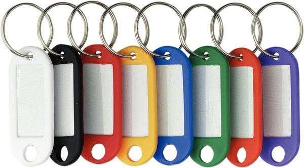 Schlüsselanhänger, beschriftbare Etiketten, schwarz, blau, grün, rot, dunkelrot, lila, gelb, weiß, sortiert, 200 Stück