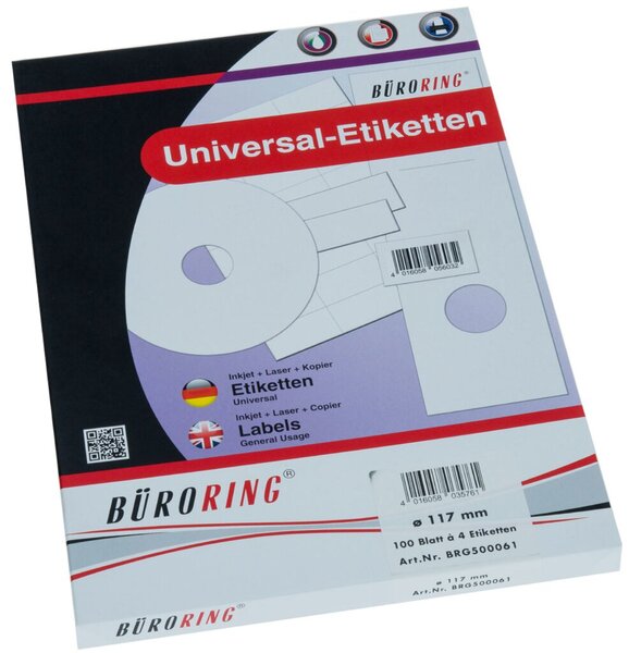 Etiketten, 117 mm, rund, für CD, weiß, 200 Etiketten, lösungsmittelfrei, für Laser-, Farblaser-, Inkjetdrucker, Kopierer, 100 Blatt