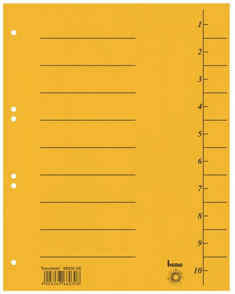 Trennblätter, DIN A4, vollfarbig, liniert, 210g/qm Intensiv-Karton, 50 Stück, gelb