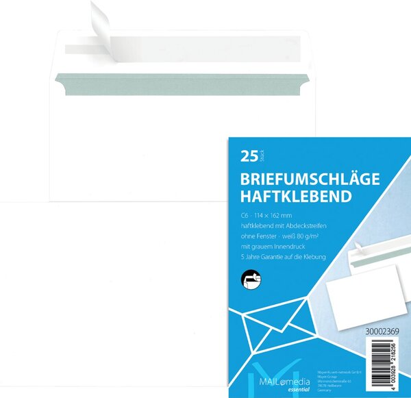 Briefumschlag DIN C6, ohne Fenster, haftkelbend, weiß, 72g/qm, 25 Stück