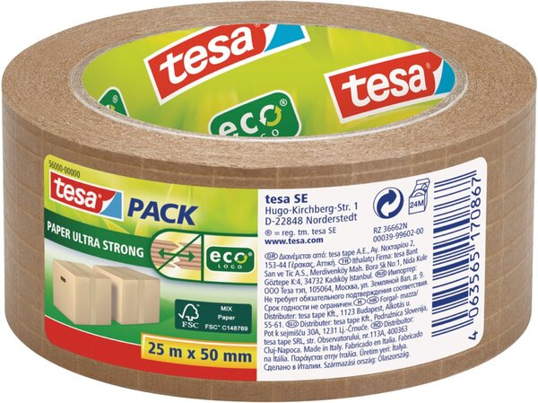 Packband tesapack® ecoLogo® Ultra Strong, 50 mm x 25 m, braun, Papier, starke Klebekraft