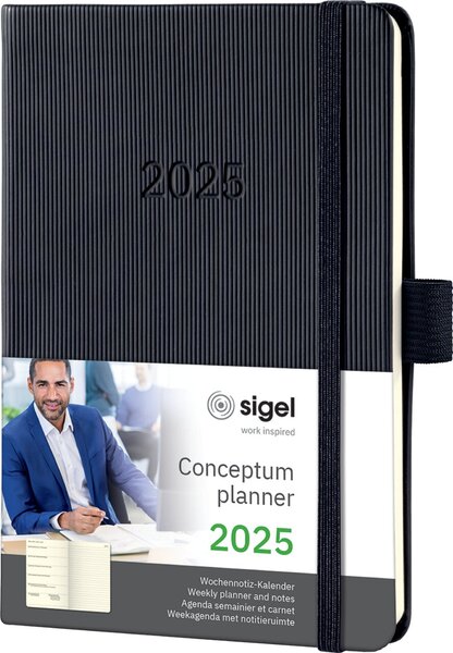Wochennotizkalender CONCEPTUM® 2025, DIN A6, 1 Woche/2 Seiten, Hardcover, links Woche, rechts Notizen, 176 Seiten, Gummibandverschluss, Stiftschlaufe, schwarz
