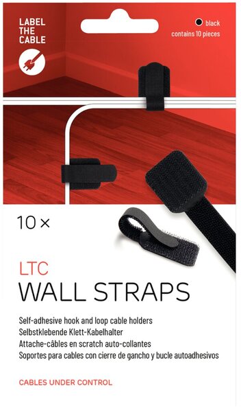 Label-The-Cable Wall, 10 selbstklebende Klett-Kabelhalter, LTC WALL ist schnell geöffnet und wieder verschlossen weißes, teilweise selbstklebendes Klettband, Gesamtlänge Kletthalter ca. 9 cm, klebende Fläche ca. 3 cm x 3,3 cm", schwarz, 10er Set