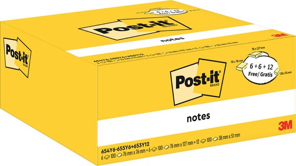 Haftnotiz Note, 6 Block 76 x 76 mm, 6 Block 127 x 76 mm, 12 Block 51 x 38 mm, gelb, 100 Blatt/Block, 24 Blöcke