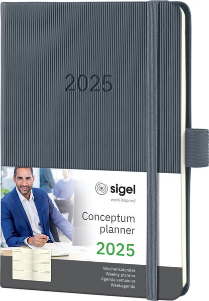Wochenkalender CONCEPTUM® 2025, DIN A6, 1 Woche/2 Seiten, 176Seiten, Gummibandverschluss, Stiftschlaufe, Hardcover, dark grey