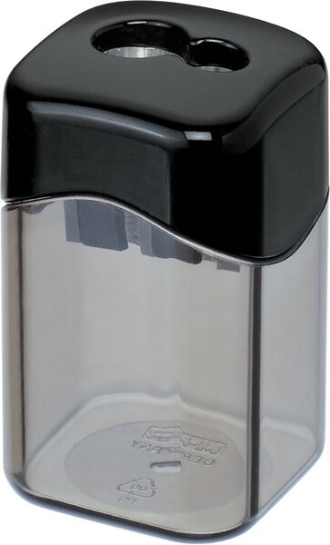Doppelspitzdose Quattro Swing DUO, quadratisch, 2-Loch, Ø 8 mm + 11 mm, Spitzform spitz-lang/stumpf-kurz, Metall-Spitzer, für Bleistifte/Farbstifte, rauchtransparent/schwarz