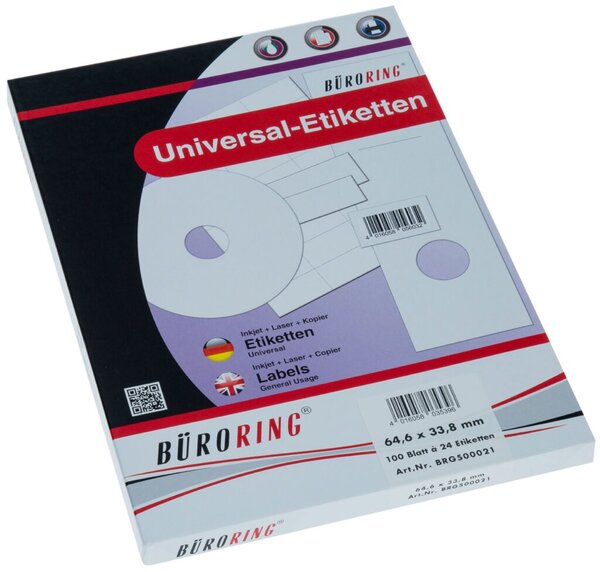 Etiketten, 64,6 x 33,8 mm, weiß, 2400 Etiketten, lösungsmittelfrei, Inkjet-, Laserdrucker, Kopierer, 100 Blatt