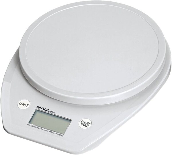 Briefwaage MAULgoal, weiß, Tragkraft 5000g, Teilung 1g, Wiegefläche Ø 15 cm, 3 x 16 x 20 cm
