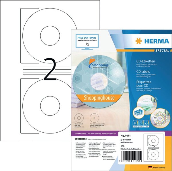 CD-Etiketten Ø 116mm (Innenloch groß), weiß, 200 Etiketten, blickdicht, Papier, Inkjet-, Laserdrucker, Kopierer, Packung à 100 Blatt