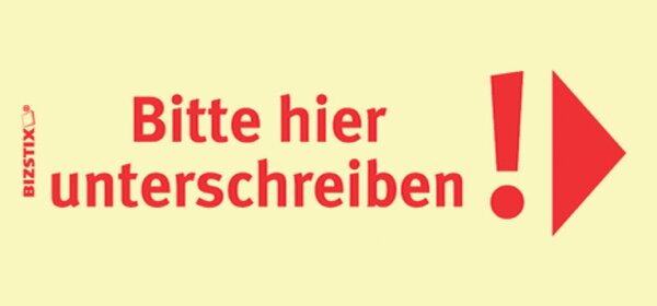 Haftnotizen gelb, 75 x 35 mm, "Bitte hier unterschreiben, Pfeil nach rechts", 100 Blatt pro Block