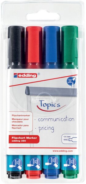 Flipchartmarker 380, Rundspitze, Stichstärke 1,5 - 3 mm, nachfüllbar mit edding BTK25, sortiert, 4er Etui, schwarz, blau, rot, grün