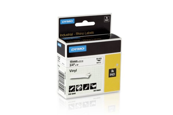 Schriftband für Rhino 4200 / 5200, 19 mm breit / 5,5 m lang, schwarz auf weiß, Vinylband mit Rückseitenschlitzung