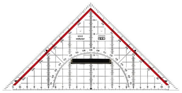 Zeichendreieck, 22 cm, glasklar, Skala rot hinterlegt, 180° - 1°, 45°-Linie, markierte Winkel 7°, 42°, 75°