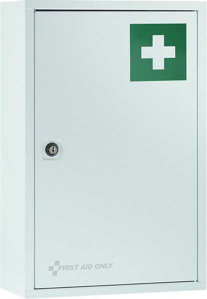 Verbandschrank Erste-Hilfe-Schrank, weiß lackiertes Metall, abschließbar, nach DIN 13169 für Betriebe + Baustellen gemäß ASR, 2 Ablagen