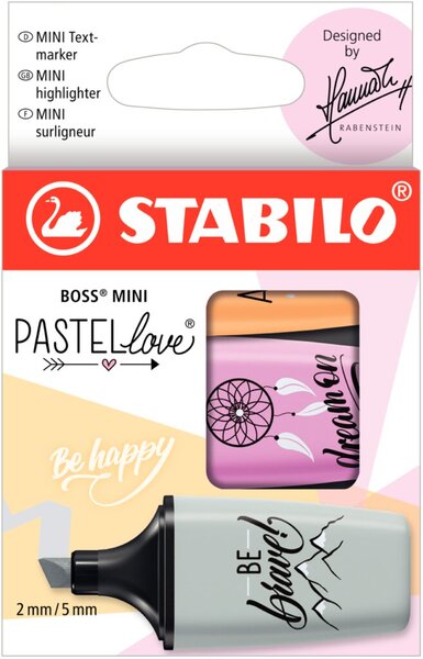 Textmarker BOSS® MINI, Keilspitze, Strichstärke 2 + 5 mm, sortiert, pastell, Seidengrau, frische Fuchsie, sanftes Orange, Etui, 3 Stück