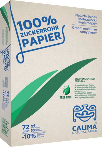 Kopierpapier Calima, Zuckerrohrpapier, DIN A4, 72g/qm, naturfarben, 100% Tree Free, aus 100% Zuckerrohr, Packung à 500 Blatt
