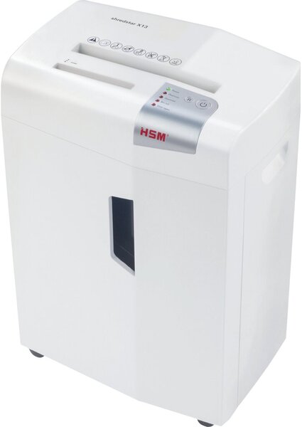 Aktenvernichter shredstar X13, 4 x 37 mm Partikelschnitt, Sicherheitsstufe P-4, Leistung 13 Blatt, Auffangvolumen 23 Liter, Maße 390 x 595 x 300 mm, weiß/silber