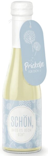 feiner Perlwein 0,2L, Botschaft auf der Flasche, Motiv Pusteblume