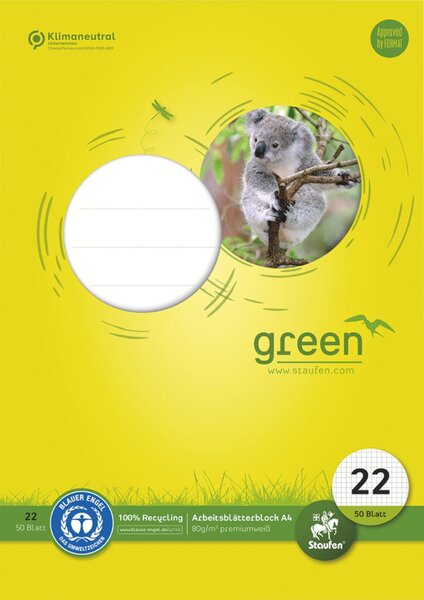Green Arbeitsblätterblock 22, DIN A4, 50 Blatt, 80g/qm, 5 mm kariert, 4-Loch