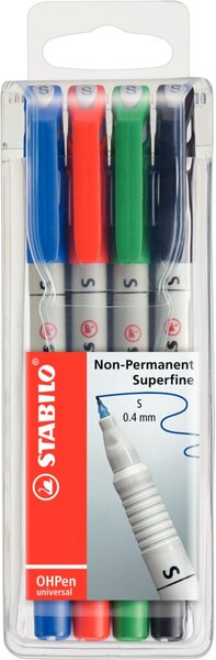 Folienstift OHPen universal, Strichstärke S - 0,4 mm, non-permanent/wasserlöslich, nachfüllbar, 4er Etui, sortiert, schwarz, blau, rot, grün