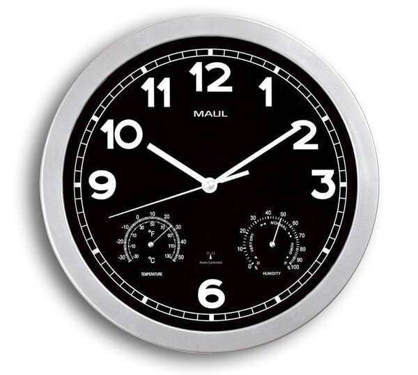 Wanduhr MAULdrive, silber, Ø 30 cm, Funkuhr, Glaslinse, 3 Zeiger (Stunde, Minute, Sekunde), weiße Ziffern und Zeiger auf schwarzem Grund, mit Thermometer (Messbereich: -30 bis 50°C), Hygrometer (Messbereich: 0 bis 100 %)