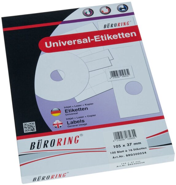 Etiketten, 105 x 37 mm, weiß, 1.600 Etiketten, lösungsmittelfrei, Inkjet-, Laserdrucker, Kopierer, 100 Blatt